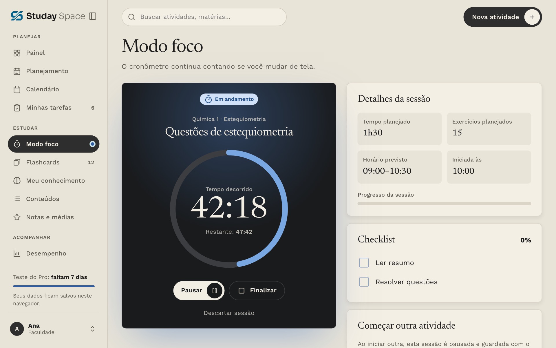 Modo foco com o cronômetro em andamento