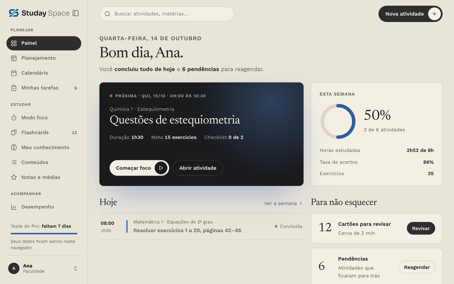 Painel do Studay Space com o resumo da semana